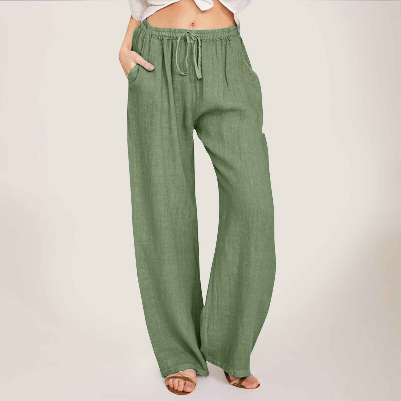 thumbnail image 2 of Pantalones anchos de cintura alta para mujer: pantalones elásticos con cordón, cómodos pantalones largos rectos con bolsillos, poliéster, para todas las ocasiones, 2 of 5
